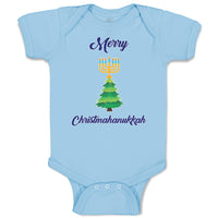 Baby Clothes Merry Christmahanukkah and 7 Candles Stands on Pine Tree Cotton