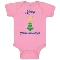 Baby Clothes Merry Christmahanukkah and 7 Candles Stands on Pine Tree Cotton