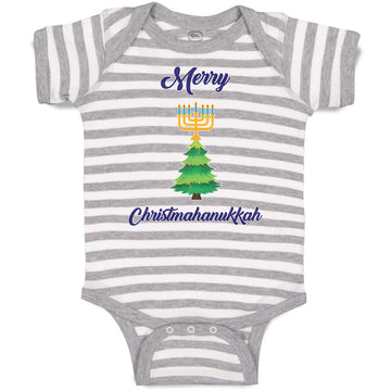 Baby Clothes Merry Christmahanukkah and 7 Candles Stands on Pine Tree Cotton