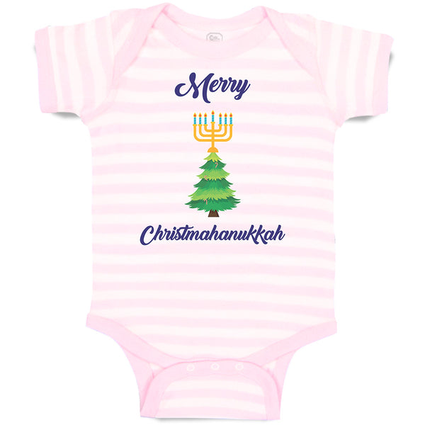 Baby Clothes Merry Christmahanukkah and 7 Candles Stands on Pine Tree Cotton