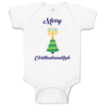 Baby Clothes Merry Christmahanukkah and 7 Candles Stands on Pine Tree Cotton