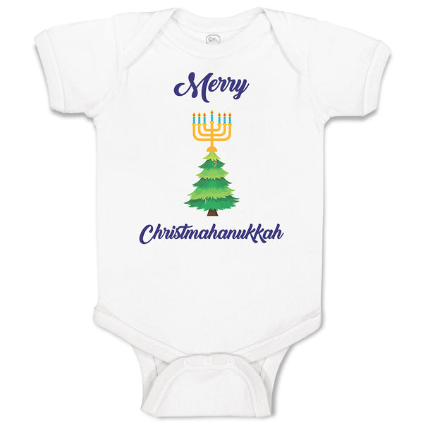 Baby Clothes Merry Christmahanukkah and 7 Candles Stands on Pine Tree Cotton