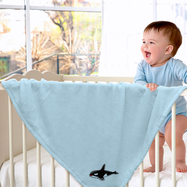 Plush Baby Blanket Orca Killer Whale Embroidery Receiving Swaddle Blanket