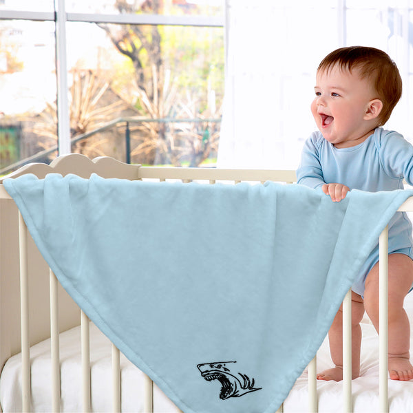 Plush Baby Blanket Angry Shark Face Outline Embroidery Receiving Swaddle Blanket