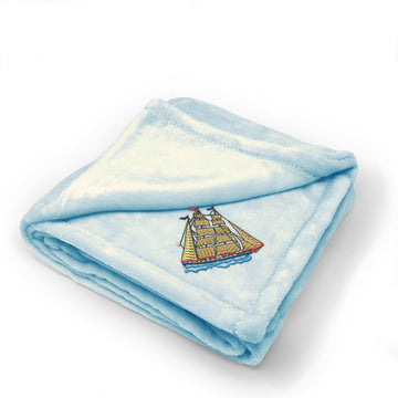 Plush Baby Blanket Clipper Ship Embroidery Receiving Swaddle Blanket Polyester