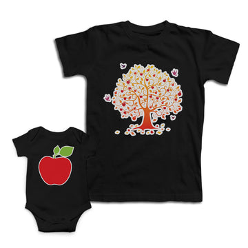 Mom and Baby Matching Outfits Apple Red Fruit Tree with Birds Cotton