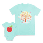 Mom and Baby Matching Outfits Apple Red Fruit Tree with Birds Cotton
