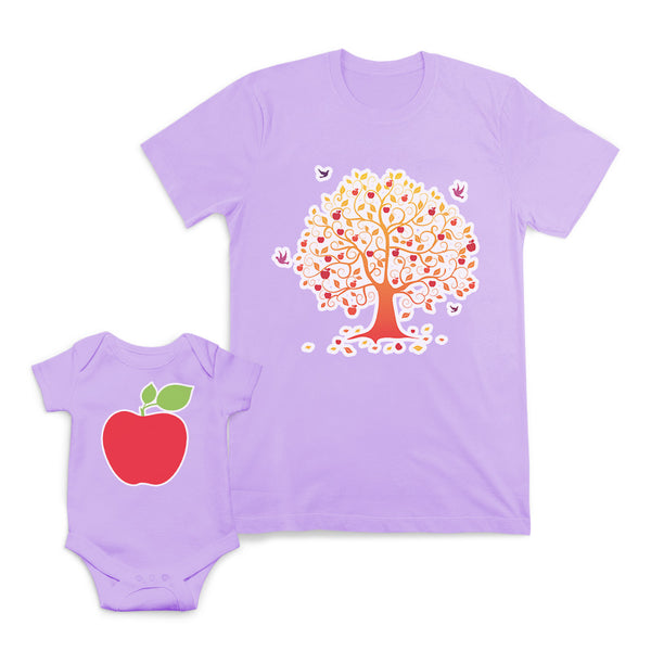 Mom and Baby Matching Outfits Apple Red Fruit Tree with Birds Cotton