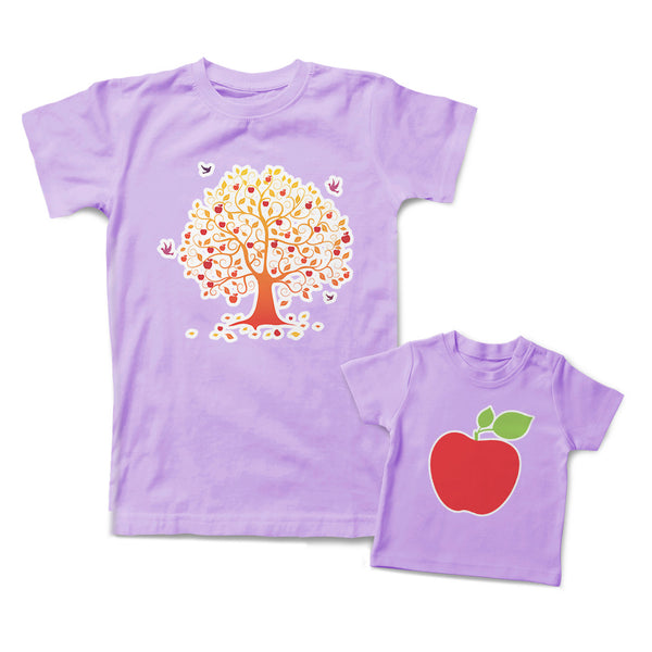 Mommy and Me Outfits Apple Red Fruit Tree with Birds Cotton